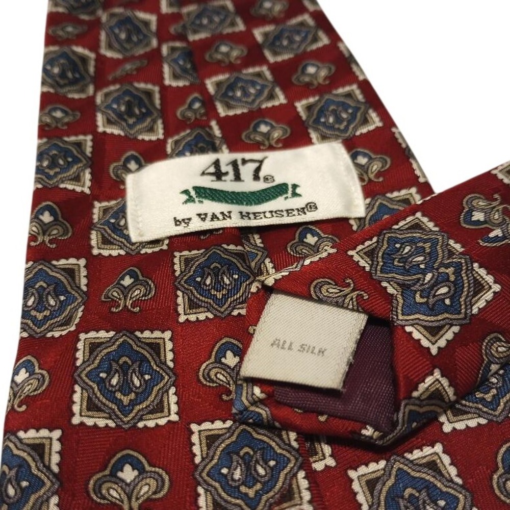 Van Heusen 417 Silk Mens Red Blue Gold Geometric Pattern Classic Neck Tie - Picture 3 of 3
